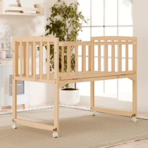 Wooden Bedside Bassinet, Pine Wood Crib With Detachable Fence And Wheels,