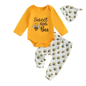 Baby Boy Girl Bee Costume Set with Long Sleeve Romper Pants and Knotted Hat