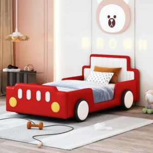 Twin Size Race Car-Shaped Platform Bed with Wheels for and Boys/Girls