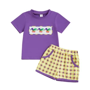 Boy Easter Outfit Embroidered  Shirt and Plaid Shorts Set