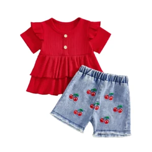 Girls Short Set with Solid Short Sleeve Top and Cherry Print Denim Shorts for Summer