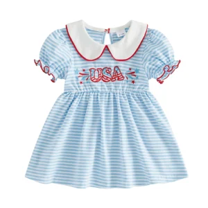 Summer Striped Print Sleeveless Dress with USA Embroidery