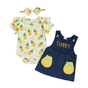 Girls 3-Piece  Sleeveless Watermelon Print Romper with Ruffle Trim Denim Overall Dress Matching Headband