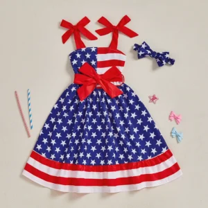 Fourth of July American Flag Ruffle Sleeveless Dress with Matching Headband.