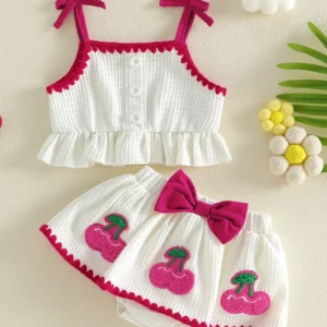 Girl  Sleeveless Top and Shorts Set with Bow Detail and Ruffled Hem