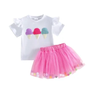 Girls Summer  Ice Cream Cone Print  Top and Ruffled Skirt Set